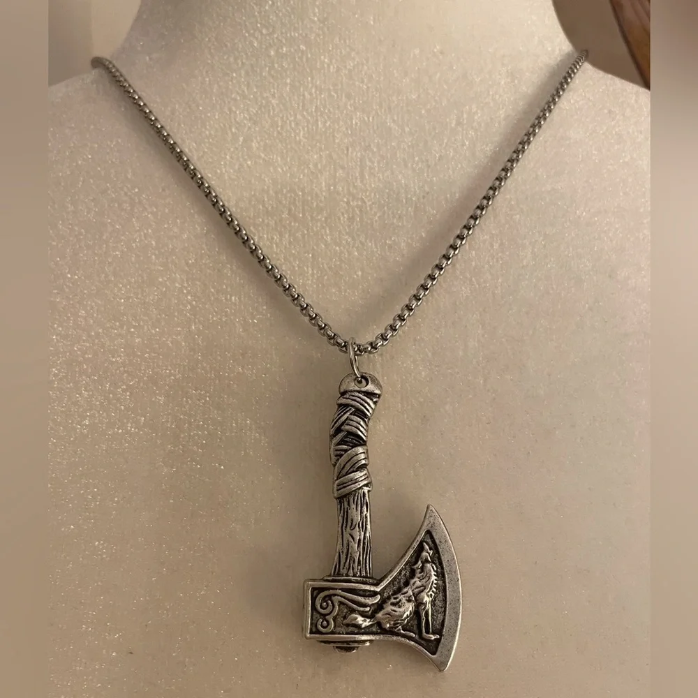 Nordic Viking Axe Necklace with Wolf & Bird